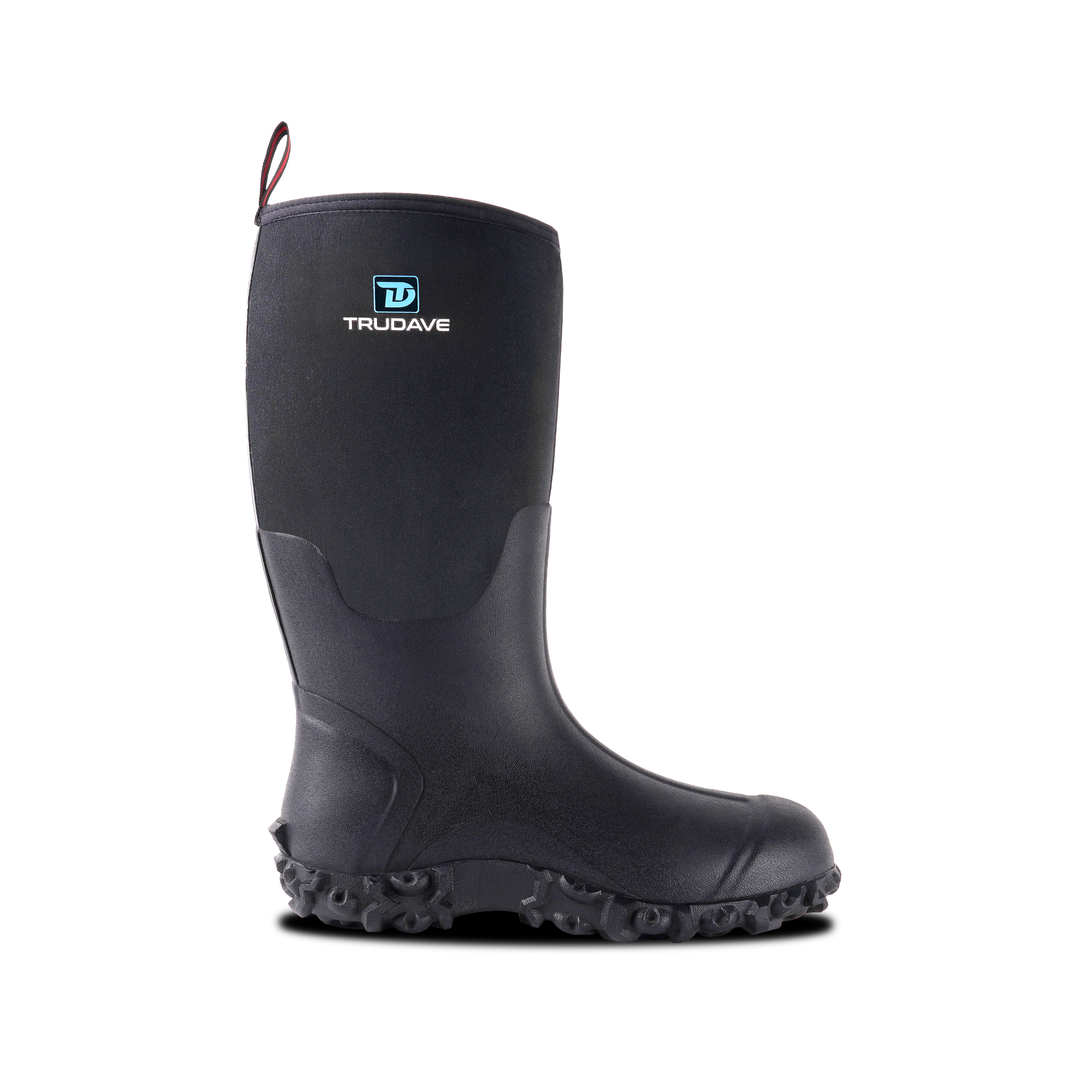 Side view of Trudave DryFlow Series tall waterproof rubber work boots – black design showing durable rubber construction and slip-resistant sole for all-day comfort and protection